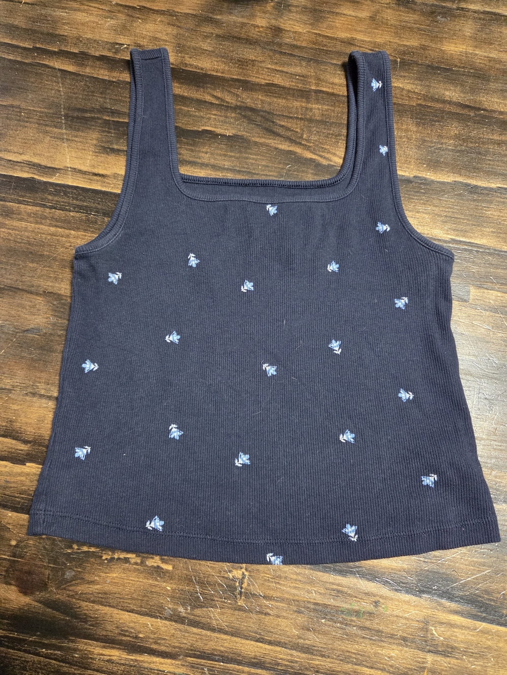 Old Navy Navy Ribbed Square-Neck Tank with Light Blue Embroidery